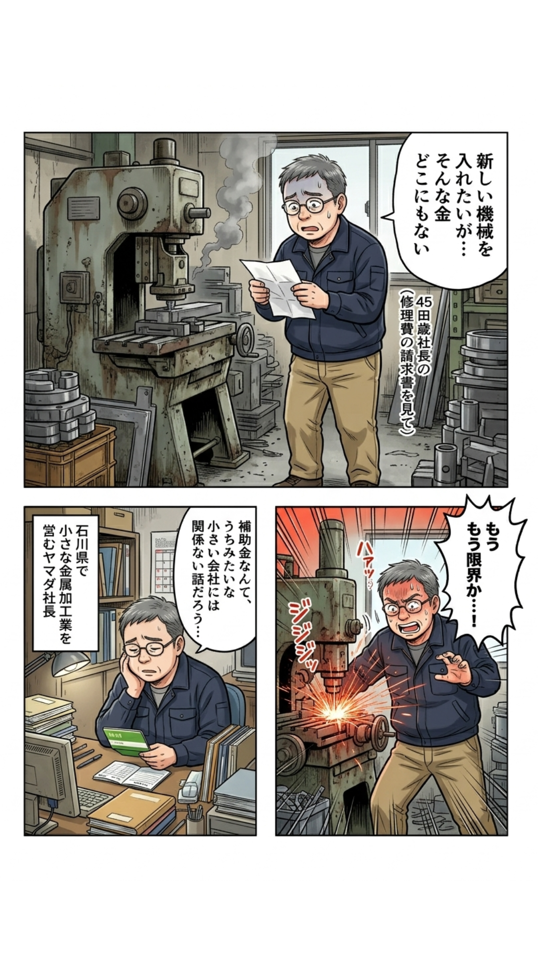 新しい機械を入れたいがそんな金どこにもない。石川県で金属加工業を営むヤマダ社長の悩み